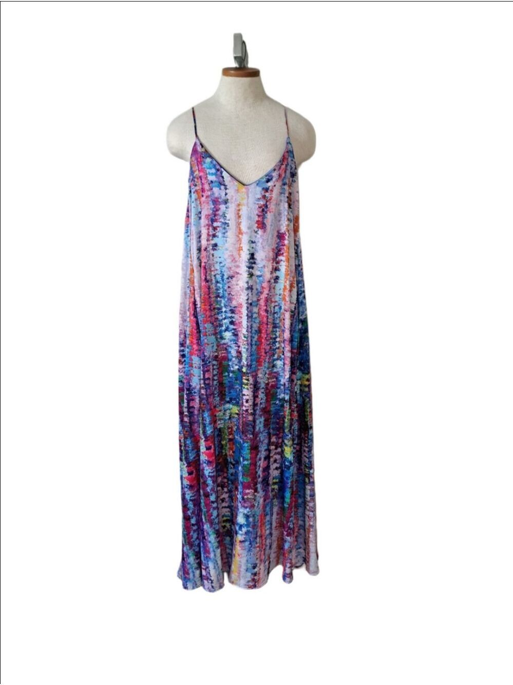 CHETTA B multi color sleeveless maxi dress flowy Bohemian chic resort wear LG